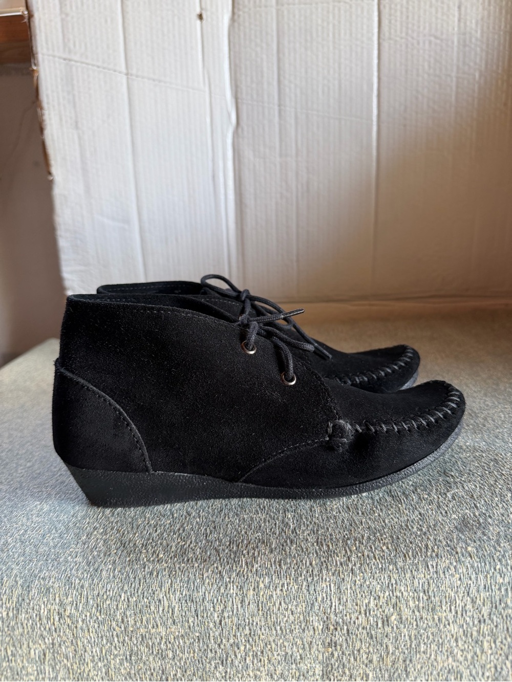 Minnetonka Black Suede Lace-Up Wedge Ankle Boots